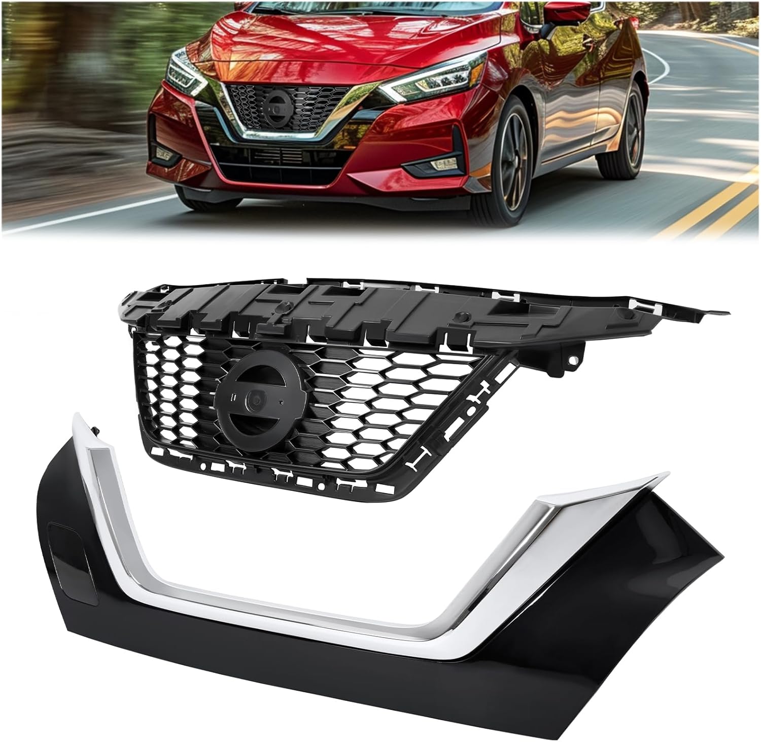 KUAFU Front Grill Assembly Compatible with 2020-2022 Nissan Versa S SR SV 623105EF1A NI1200311 620705EE0A NI1200306 Bumper Grille W/O radar hole Painted&Chrome