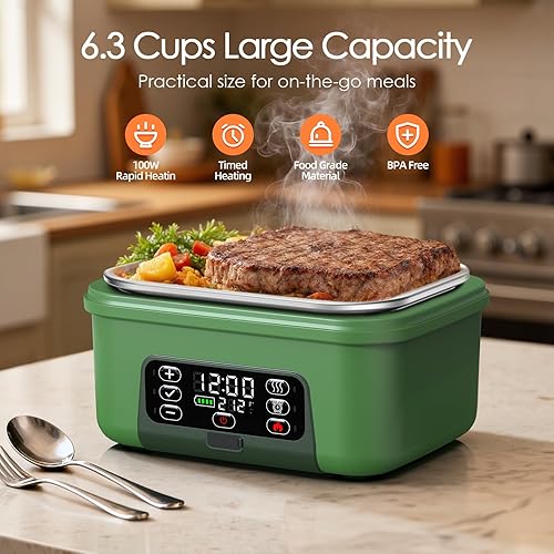 Miniatura 2 de Fiambrera eléctrica inalámbrica, 6.3 tazas 100 W con calefacción con batería de 20000 mAh para autocalentamiento, incluye cuchara de tenedor y bolsa