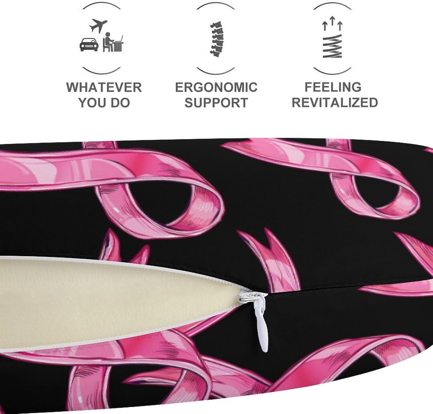 Satin Ribbon Breast Cancer Travel Pillow U Shape Neck Pillow Washable Pillowcase for Sleeping Chair