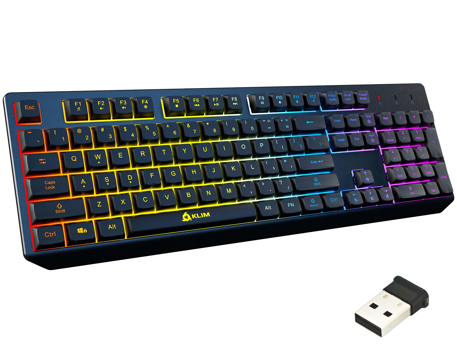 Close-up of the KLIM Chroma wireless keyboard showing its key layout and RGB backlighting.