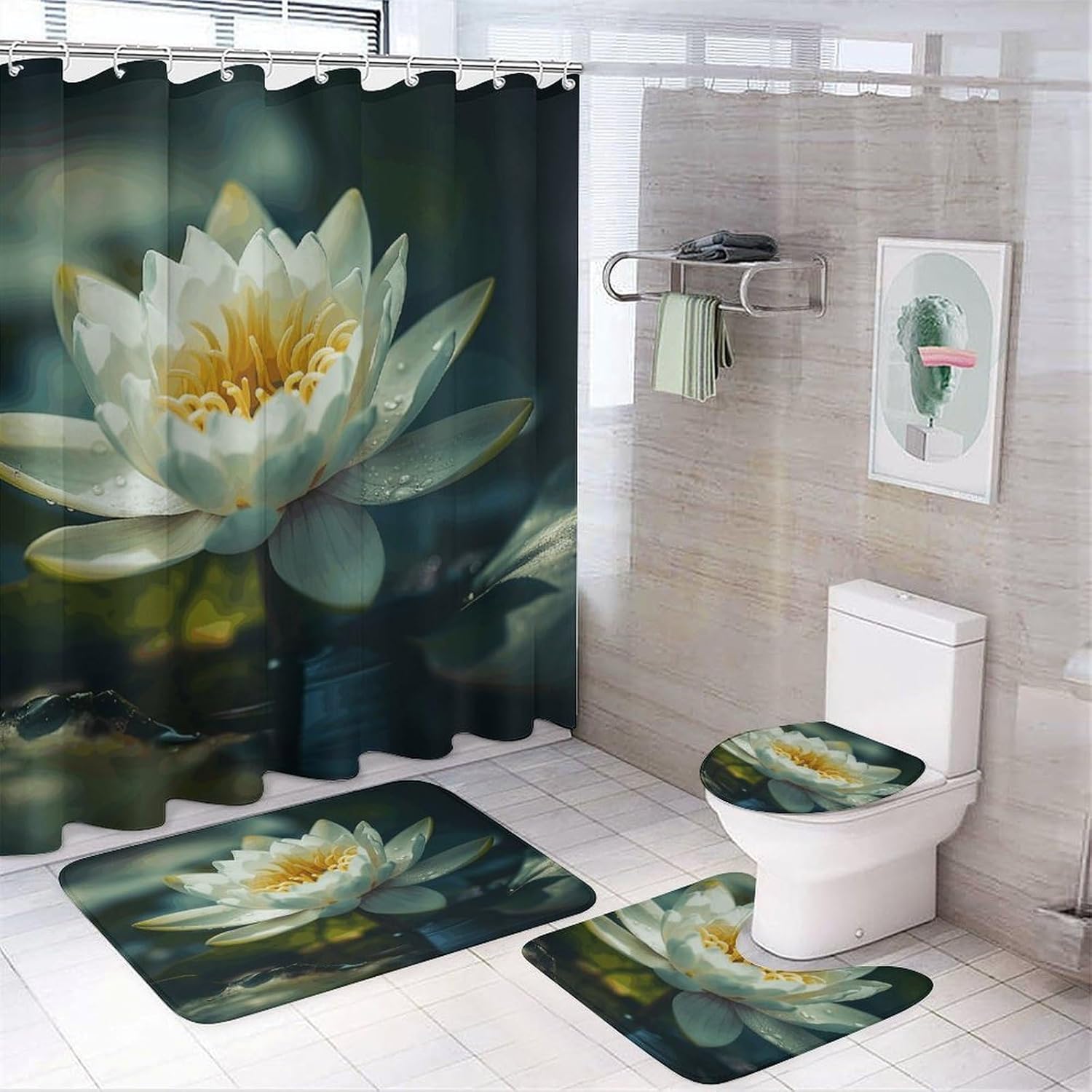 Flowers on Water 4Pcs Shower Curtain Set with Non-Slip Rugs, Toilet Lid Cover and Bath Mat,Bathroom Set Decor Accessories,Curtain Set with 12 Hooks, 72 X 72 Inch