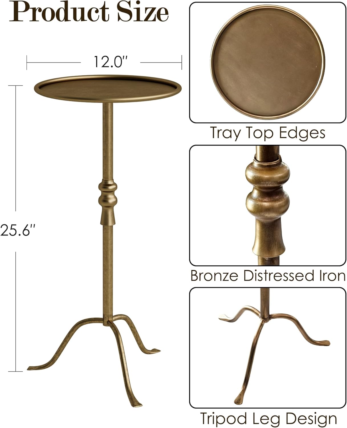 Brass Distressed Iron Round Pedestal End Table, 25 Inch Vintage Martini Cocktail Accent Table with Tray Top for Living Room, Bedroom (Bronze)