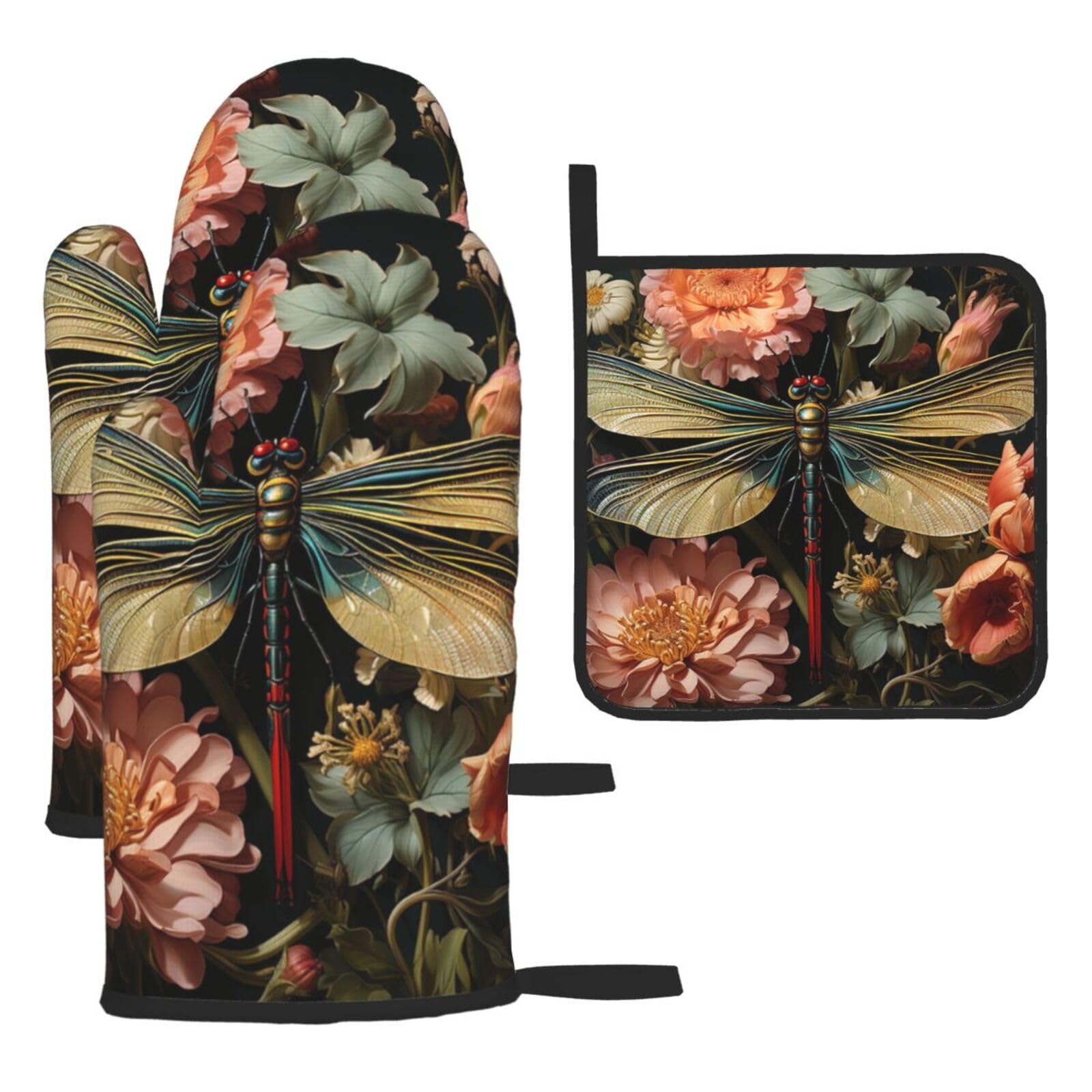 Oven Mitts and Pot Holders Sets of 3 Dragonflies and Flowers Oven Mitts 3 Pcs Heat Resistant Non Slip Ovens Gloves Hot Pads Kitchen Gloves Potholders for Baking Cooking BBQ Grilling