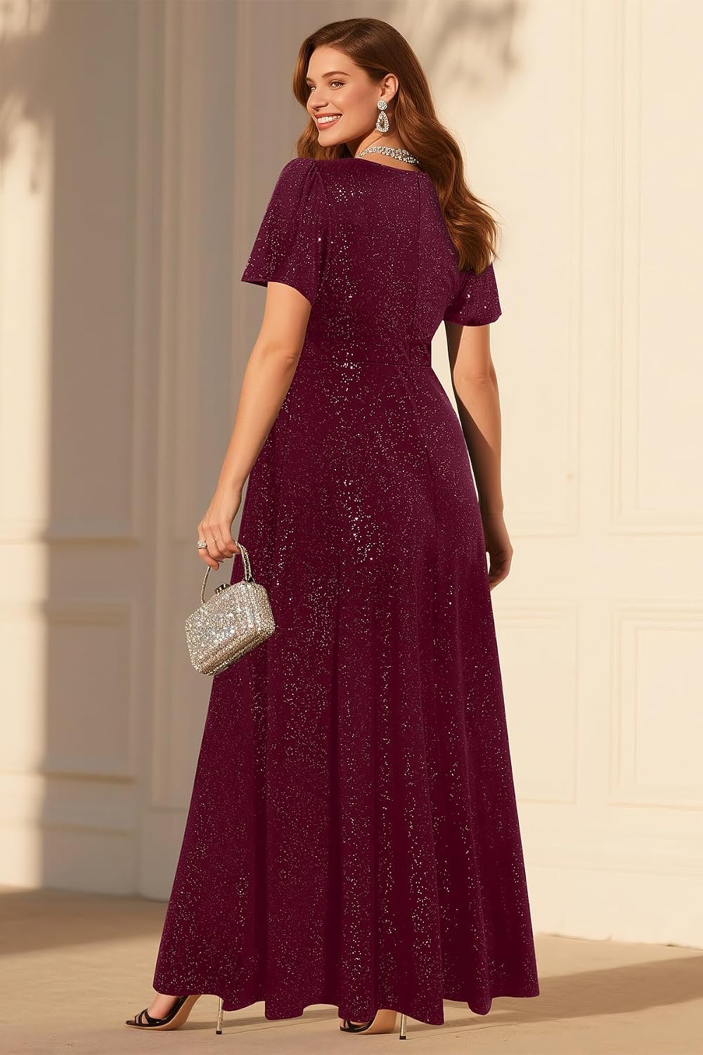 pinup fashion women plus size formal dresses - evening gowns wedding guest glitter prom long dress burgundy 16 plus