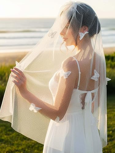 Miniatura 4 de HEREAD Velo de novia corto con mariposas longitud de los dedos brillantes velos de tul de novia accesorios para el cabello con peine