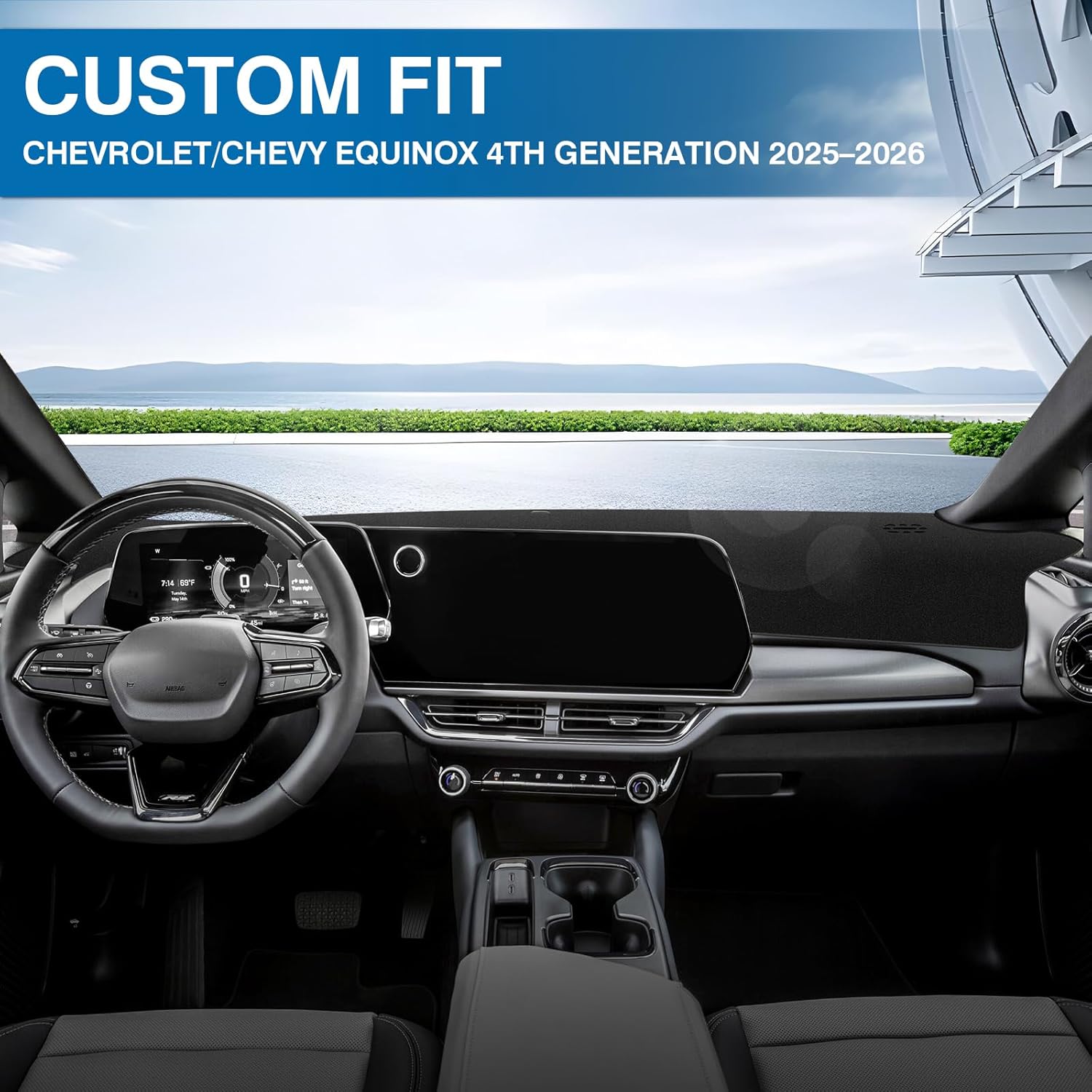 KUST Black Dash Cover for Chevy Equinox EV 2024 2025 2026 (Fit for EV Without HUD) Polyester Dashboard Cover Left Hand Drving Dash Carpet Non-Slip Interior Accessories for Equinox Custom Fit Dash Mat