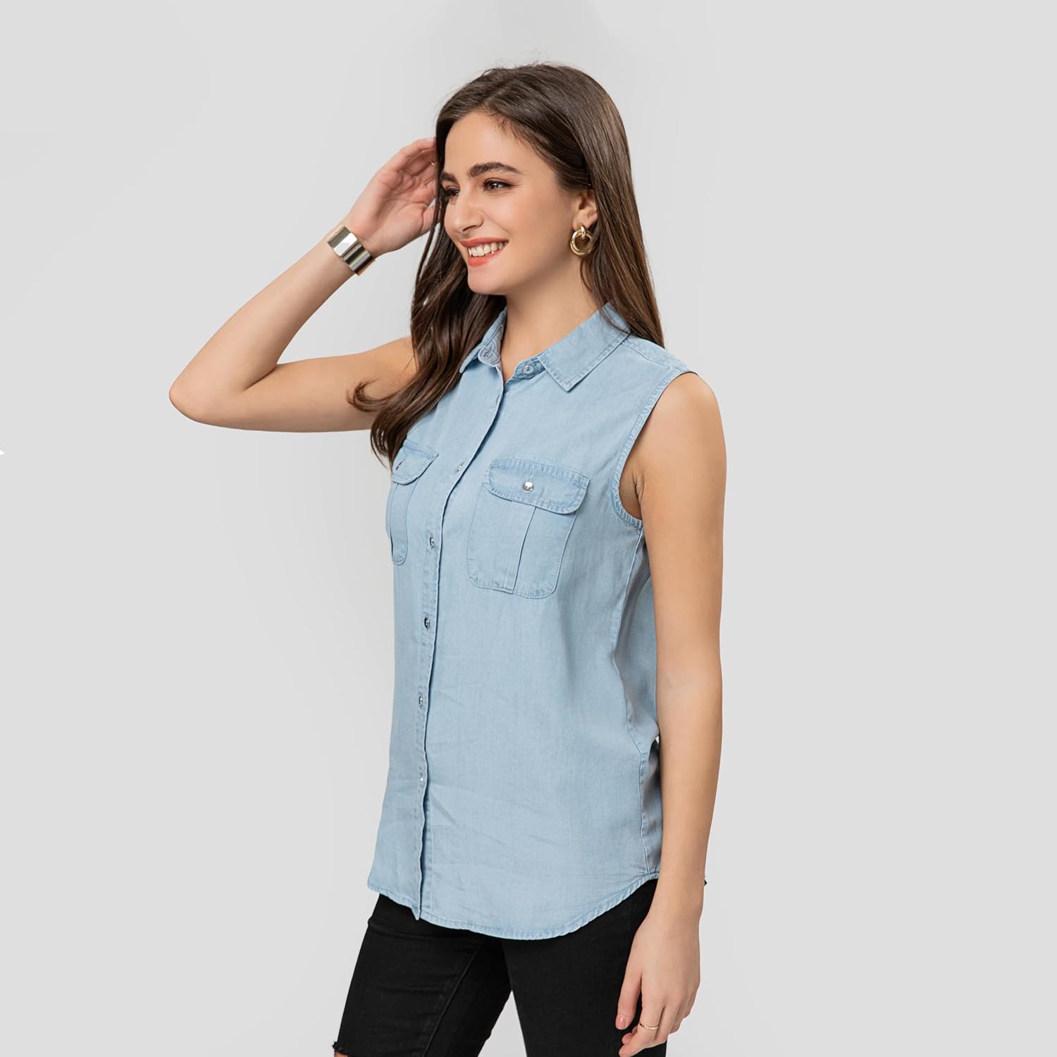 FASHIONSPARK Sleeveless Denim Tops for Women Button Down Denim Shirt Chambray Jean Tank Top Lightweight Blouses - Image 3