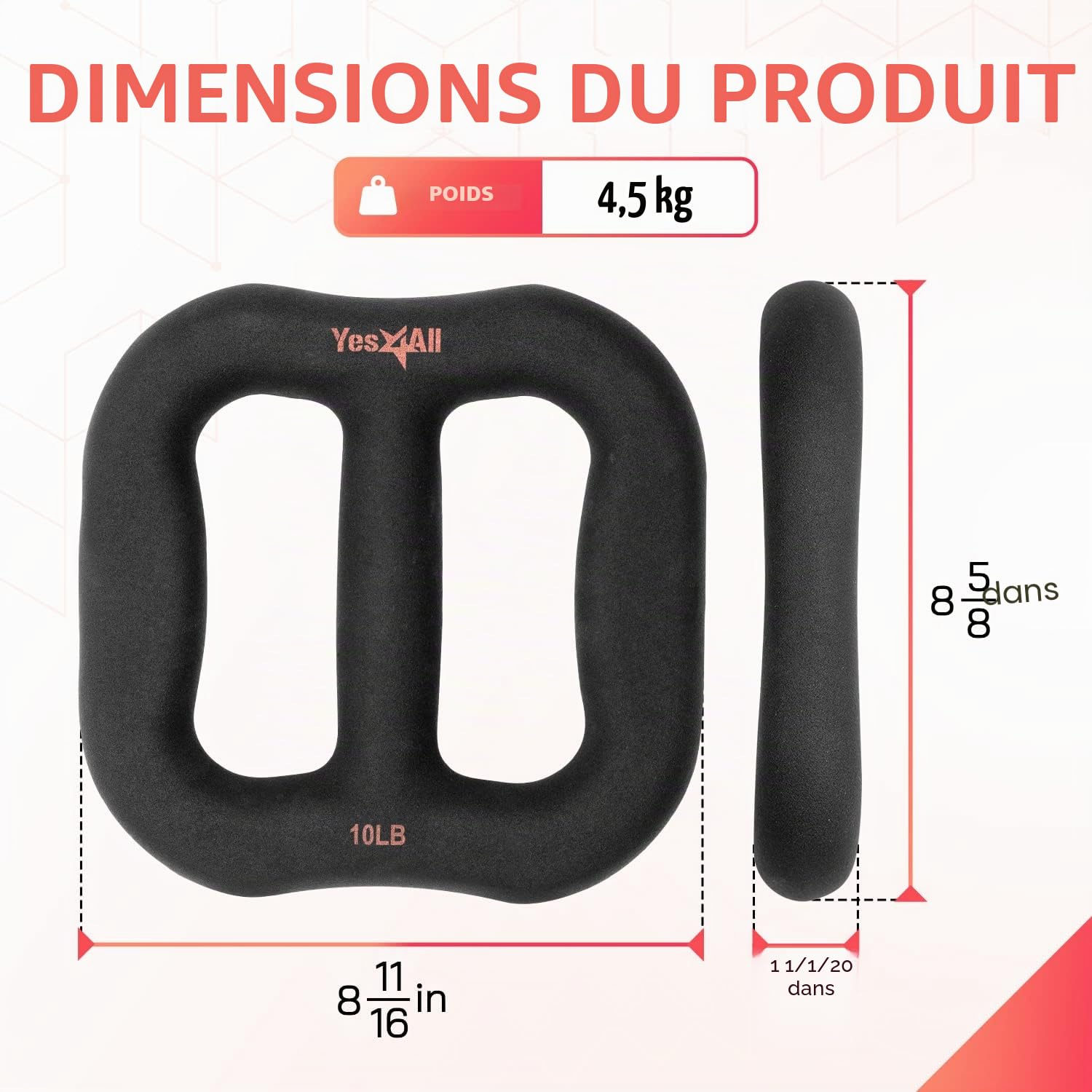 Yes4All Haltère multifonction 3 en 1 en néoprène avec noyau solide, courbe ergonomique, Noir