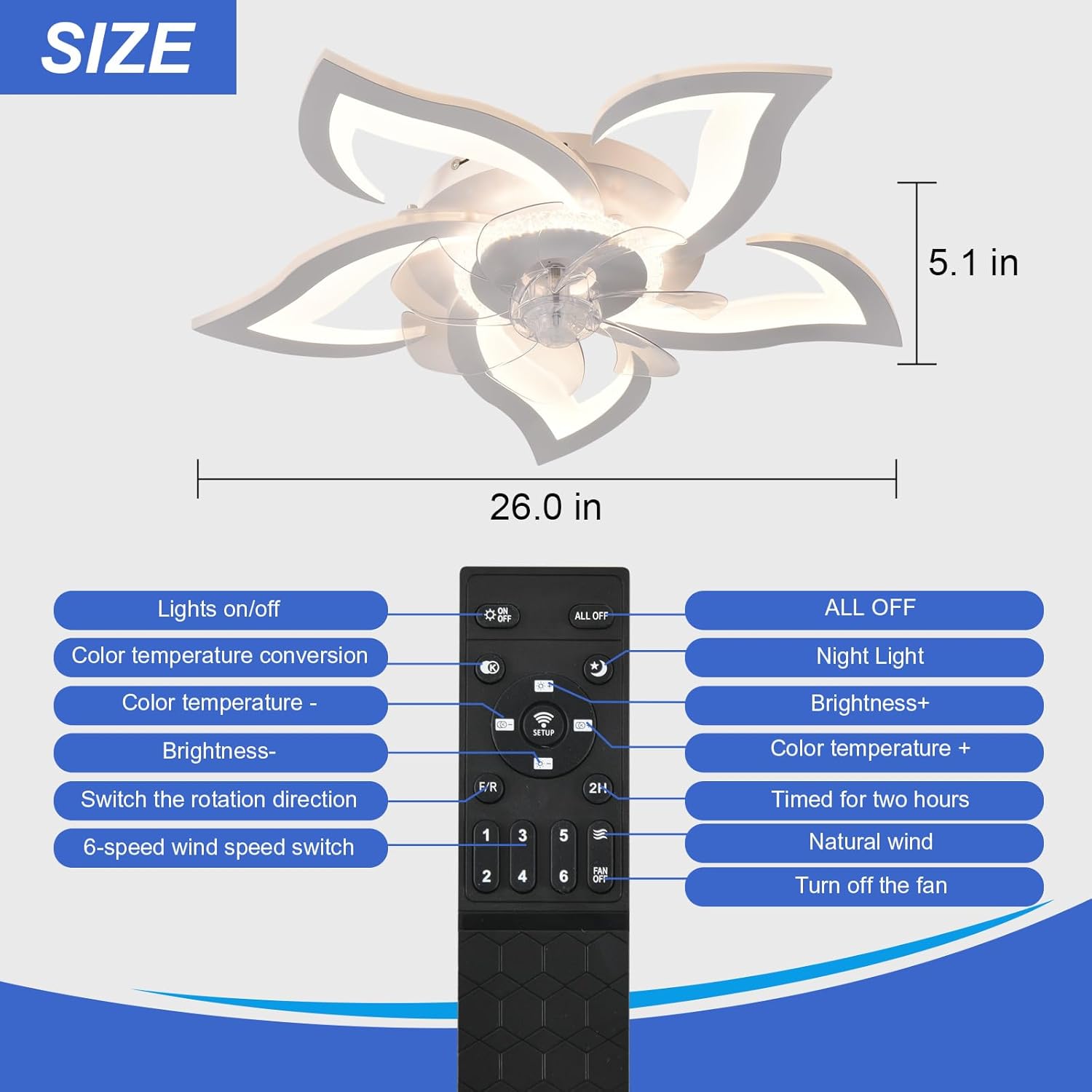 White Geometric Ceiling Fan with Lights, Low Profile Flush Mount Ceiling Fan for Kitchen Bedroom Living Room