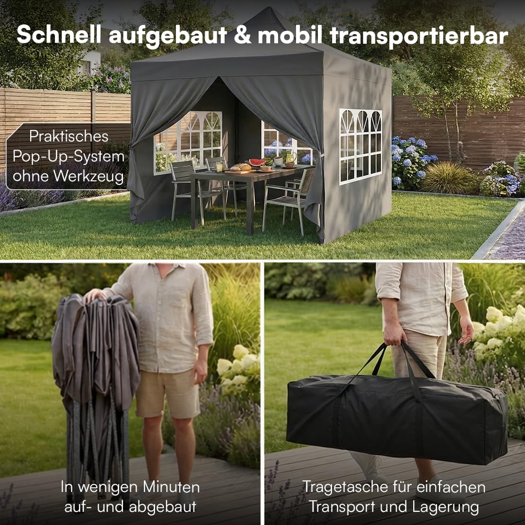 STEELSØN Rynara Pavillon 3x3 m – Faltpavillon mit 4 Seitenteilen – hochwertiger Gartenpavillon inkl. Tragetasche mit Rädern & 3-Fach höhenverstellbar – extrem stabil & UV-/wetterfest - grau