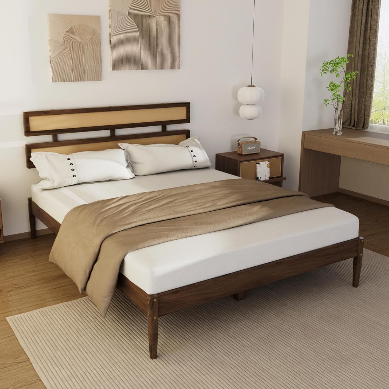 Karl home Bohemia Wood Bed Frame, Queen Size Platform Bed with Rattan Slatted Headboard, Mid-Century Retro Style, Noise-Free Slat Support, No Box Spring Needed, for Bedroom, Guestroom, Walnut Brown