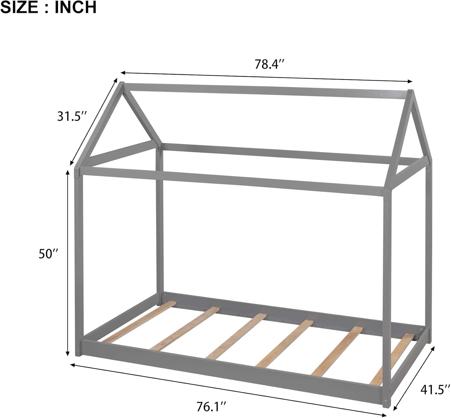 Rhomtree Twin Size House Bed Wooden House Bed Twin Size Wood Bed Frame Twin Size Tent Bed Floor Bed Children House Bed Frame (Grey)