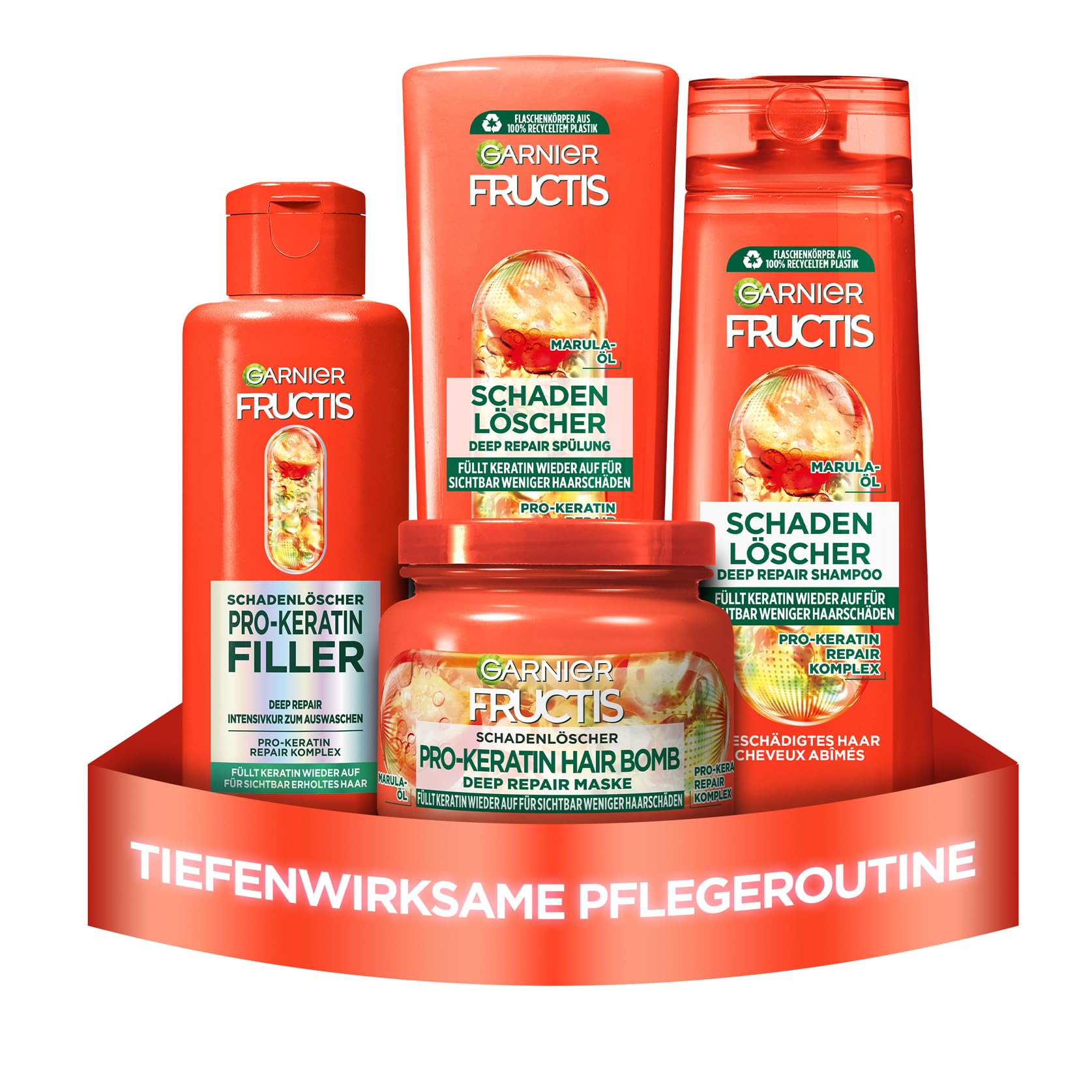 Garnier Fructis Schadenlöscher Haarpflege-Set für geschädigtes Haar, Mit Pro-Keratin & Marulaöl, Shampoo (250 ml), Spülung (200 ml), Deep Repair Haarkur (200 ml), Hair Bomb reparierende Maske (320 ml)