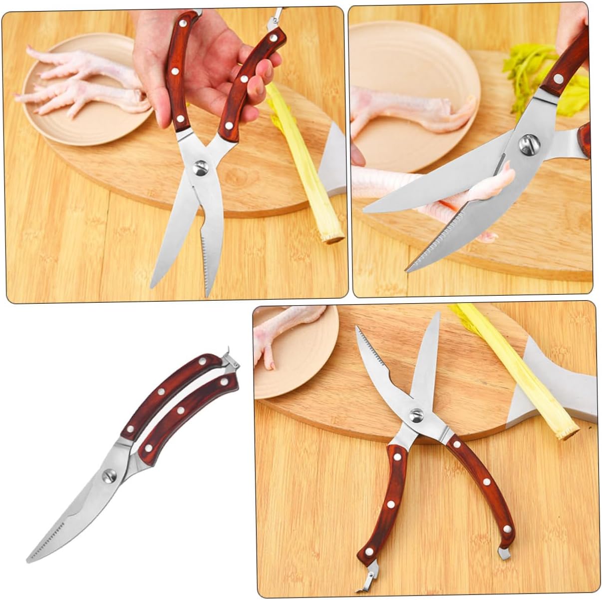 Unomor Stainless Steel Food Scissors with Ergonomic Wooden Handle Chicken Bone and Fish Bone Shears for Easy Use and Cleaning Kitchen Tool for Meat and Poultry Preparation