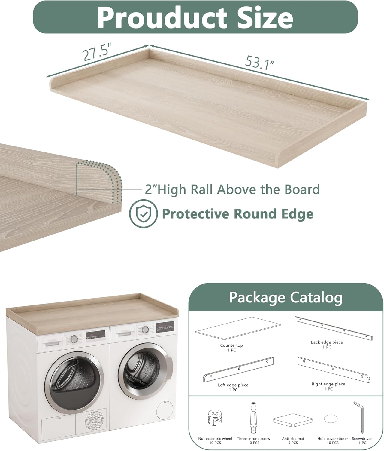 Piskyet Washer Dryer Countertop,Laundry Countertop with Edge Rails,27.5" Depth x 54" Wood Countertop for Washer and Dryer,Laundry Machine Topper for Laundry Room Organization and Storage(Grey) 54" x 27.5" x 2.5" Grey