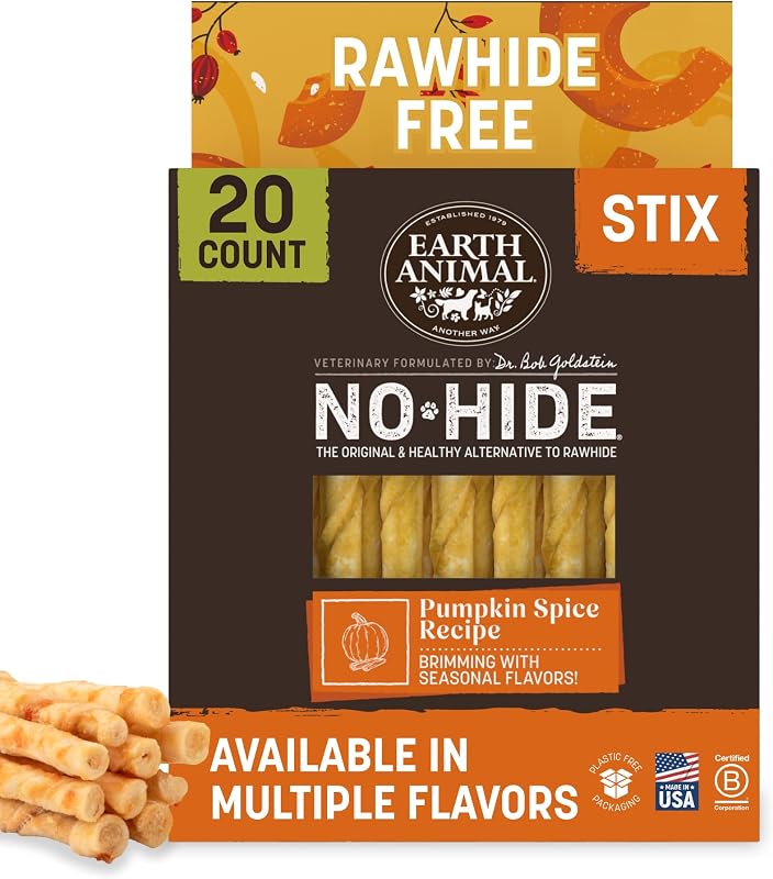 Palitos mastigáveis para cães e gatos Earth Animal No Hide Stix, sem couro cru, sabor Pumpkin Spice, pacote com 20
