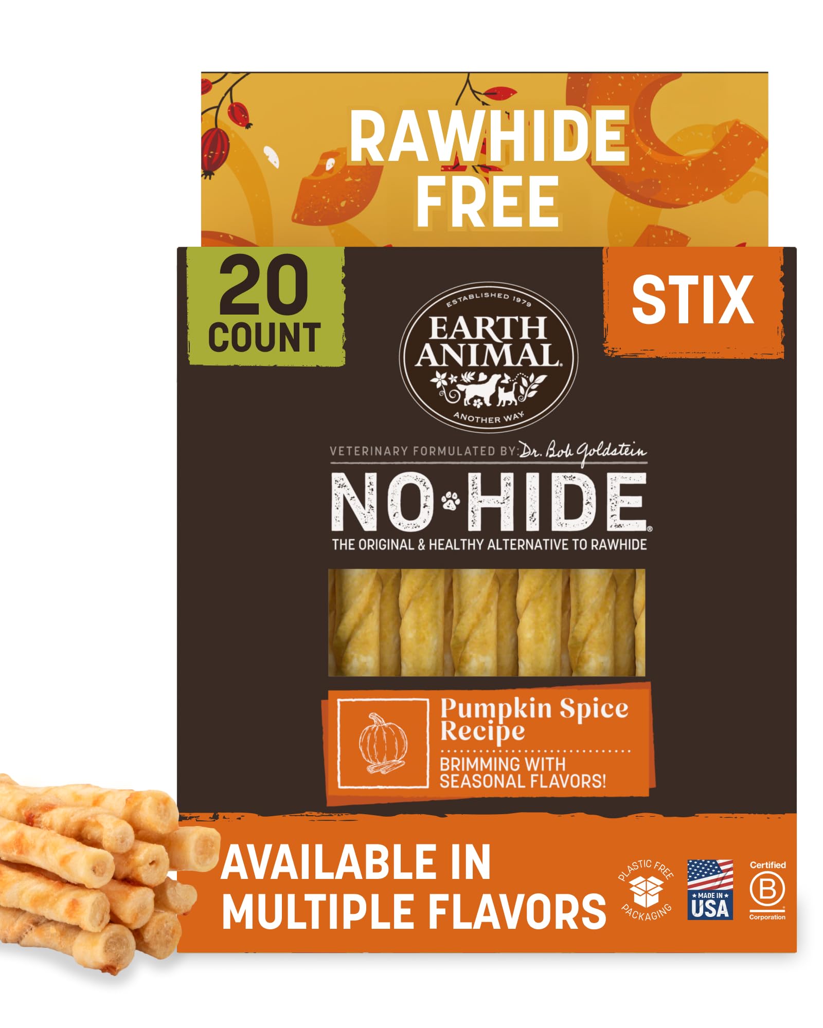 Earth Animal No Hide Stix - Rawhide Free Dog Chews 20 Count Pumpkin Spice