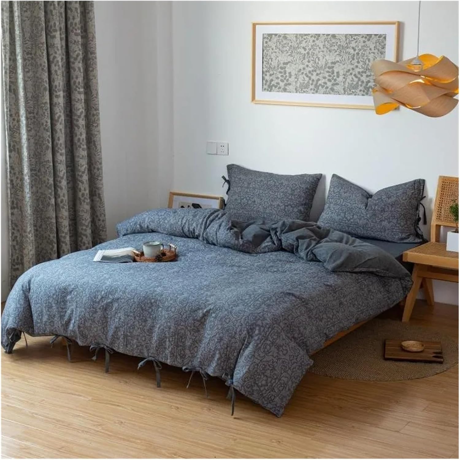 Cotton Jacquard Ultra-Soft Boho 4Pcs Bedding Set Yarn-Dyed Textured Breathable Blue Gray Duvet Cover Bed Sheet Pillowcases,Bed