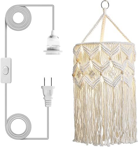 Miniatura 9 de Bioaqua Pantalla de lámpara bohemia, pantalla colgante de macramé, lámparas bohemias hechas a mano con cable enchufable, lámpara colgante bohemia