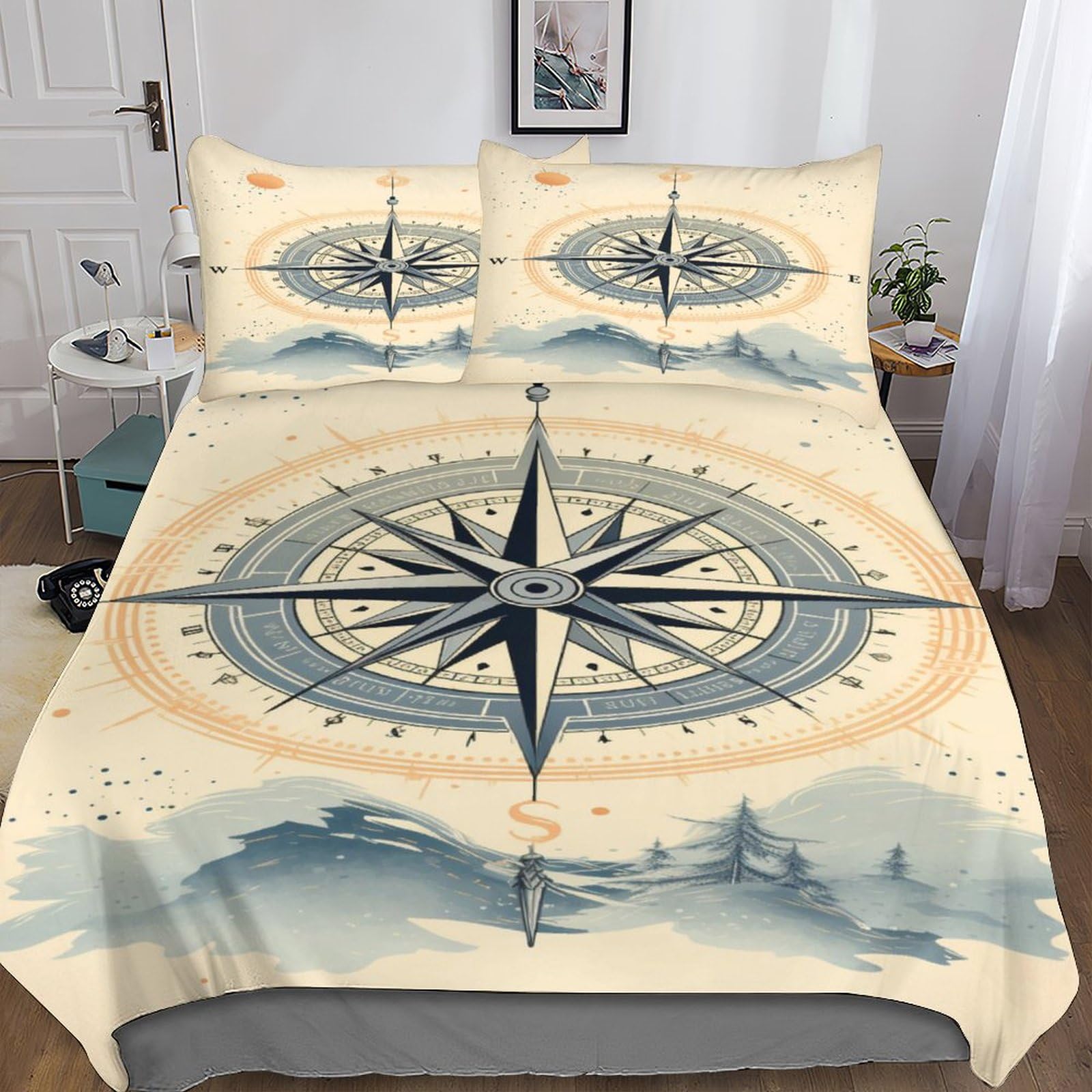 Compass 3D Print Comforter Cover with Pillowcase Creative Compass Navigation Duvet Cover Sets Soft Microfiber 3 Pieces Quilt Cover with Zipper Closure for Kids Adult Teens Bedding Double（200x200cm）