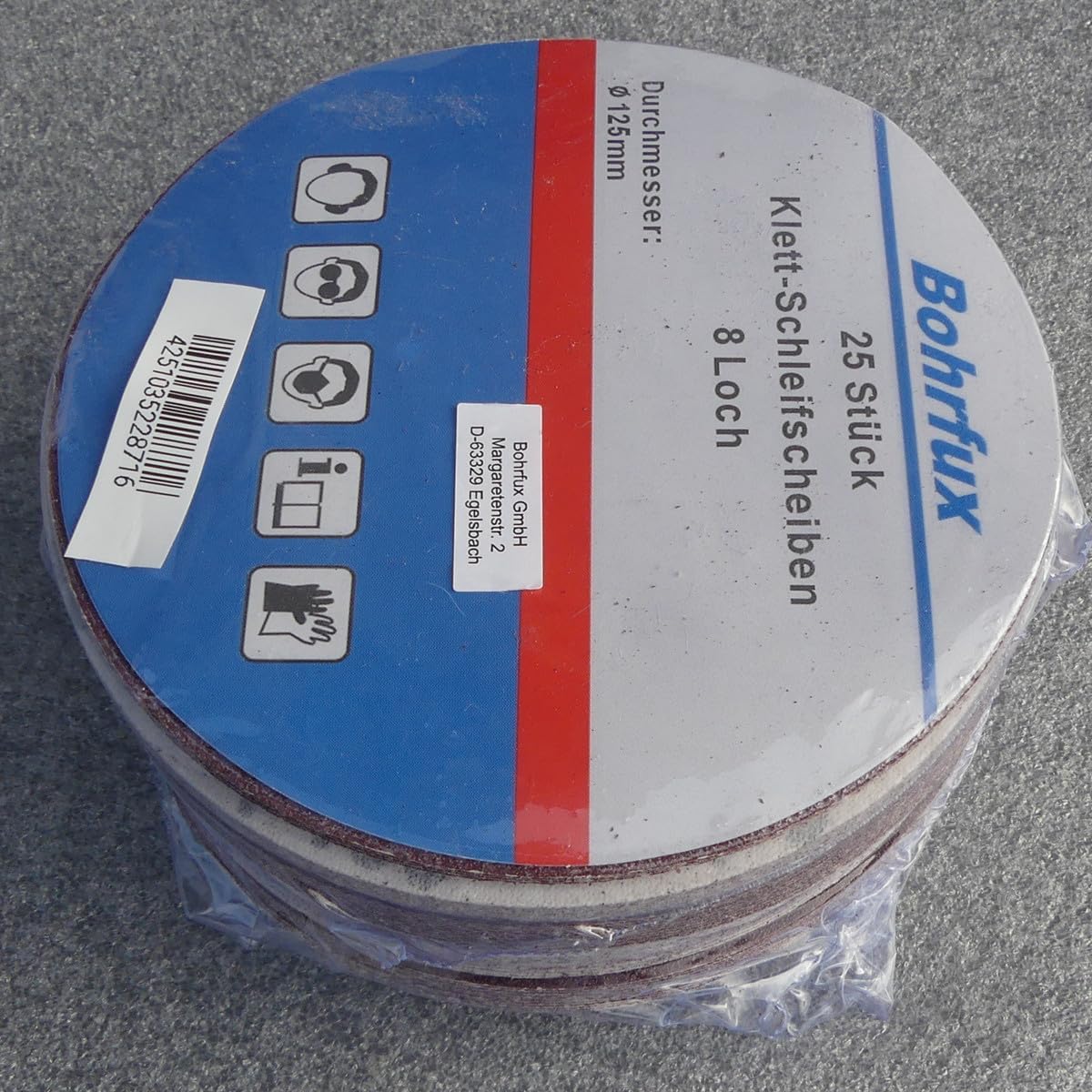 50 discos abrasivos de 125 mm de diámetro, con 8 orificios, grano P100, lijadora excéntrica de cuello largo, lijadora orbital de Bohrfux.