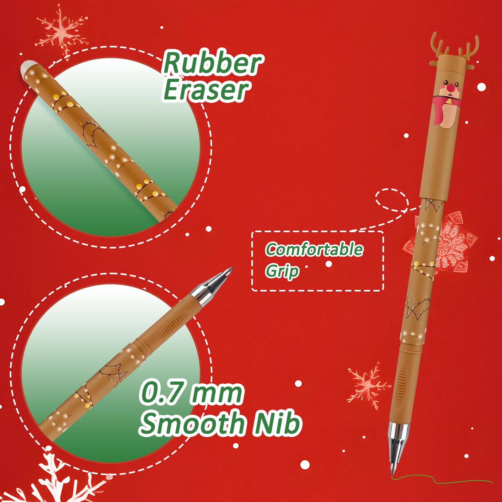 Set di 4 penne natalizie, penne gel cancellabili, punta da 0,7 mm