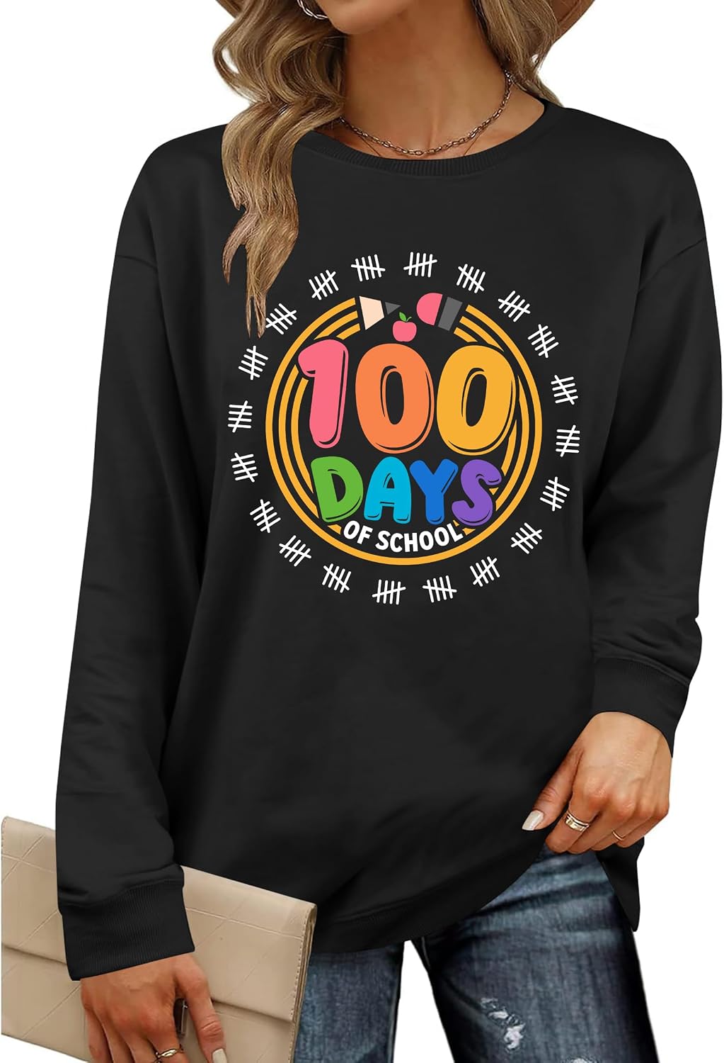 ELDPS 100 Days of School Sweatshirt : Women Teacher Shirts Hearts 100th Day Tee Shirt School Days Pullover Tops Black