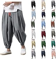 GOSEAGOTOFUN Men's Linen Harem Pants - Loose Stretchy Waist Casual Hippie Trousers for Beach Yoga Lounge