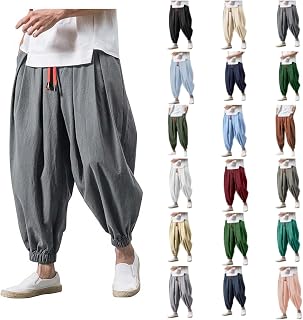 GOSEAGOTOFUN Men's Linen Harem Pants - Loose Stretchy Waist Casual Hippie Trousers for Beach Yoga Lounge