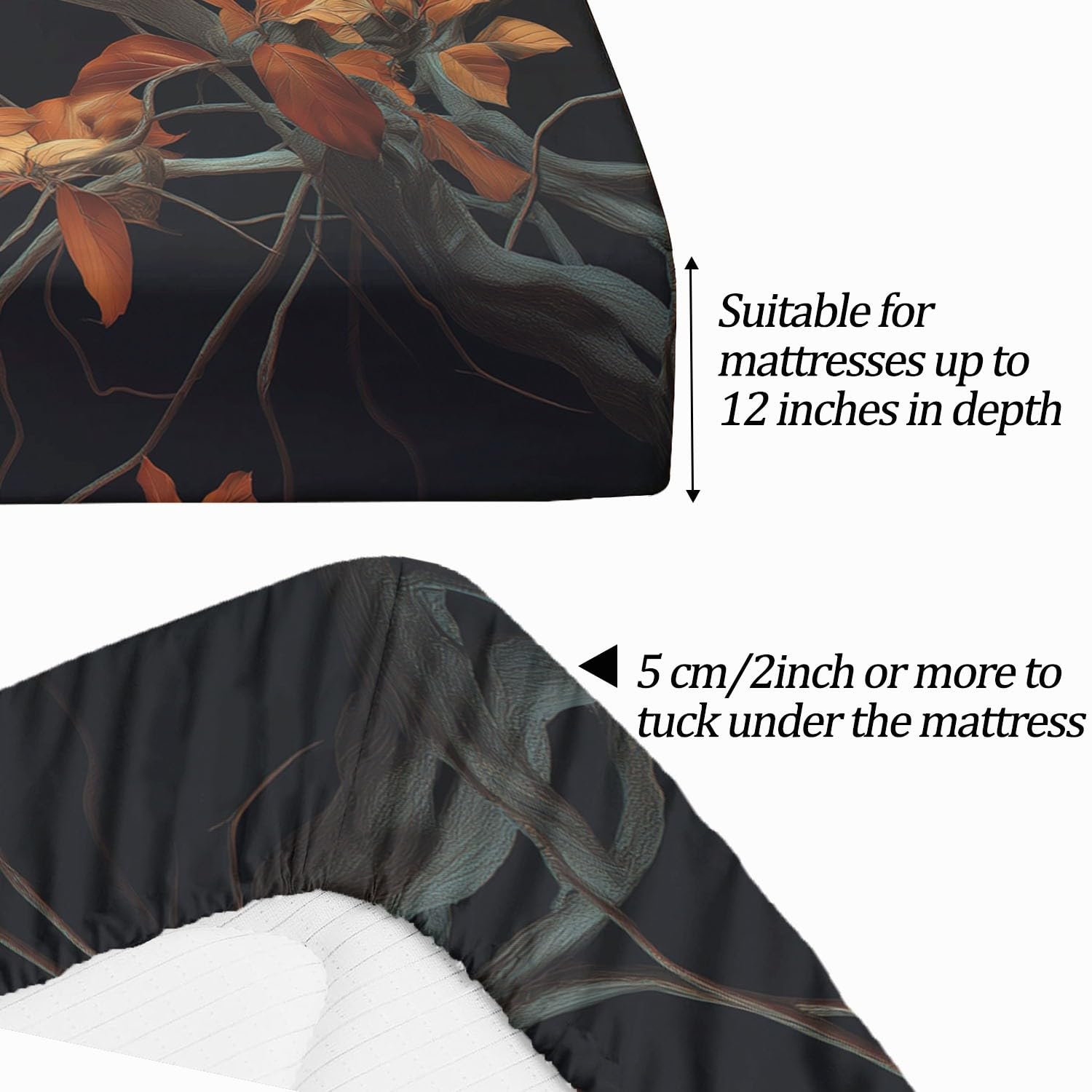 Drap Housse Set 140 x 190 cm, Respirant Résistant Drap-Housse Nature Branches Cinématographie Thème - Noir Drap de Lit Convient aux Matelas Jusqu'à 30 cm D'épaisseur