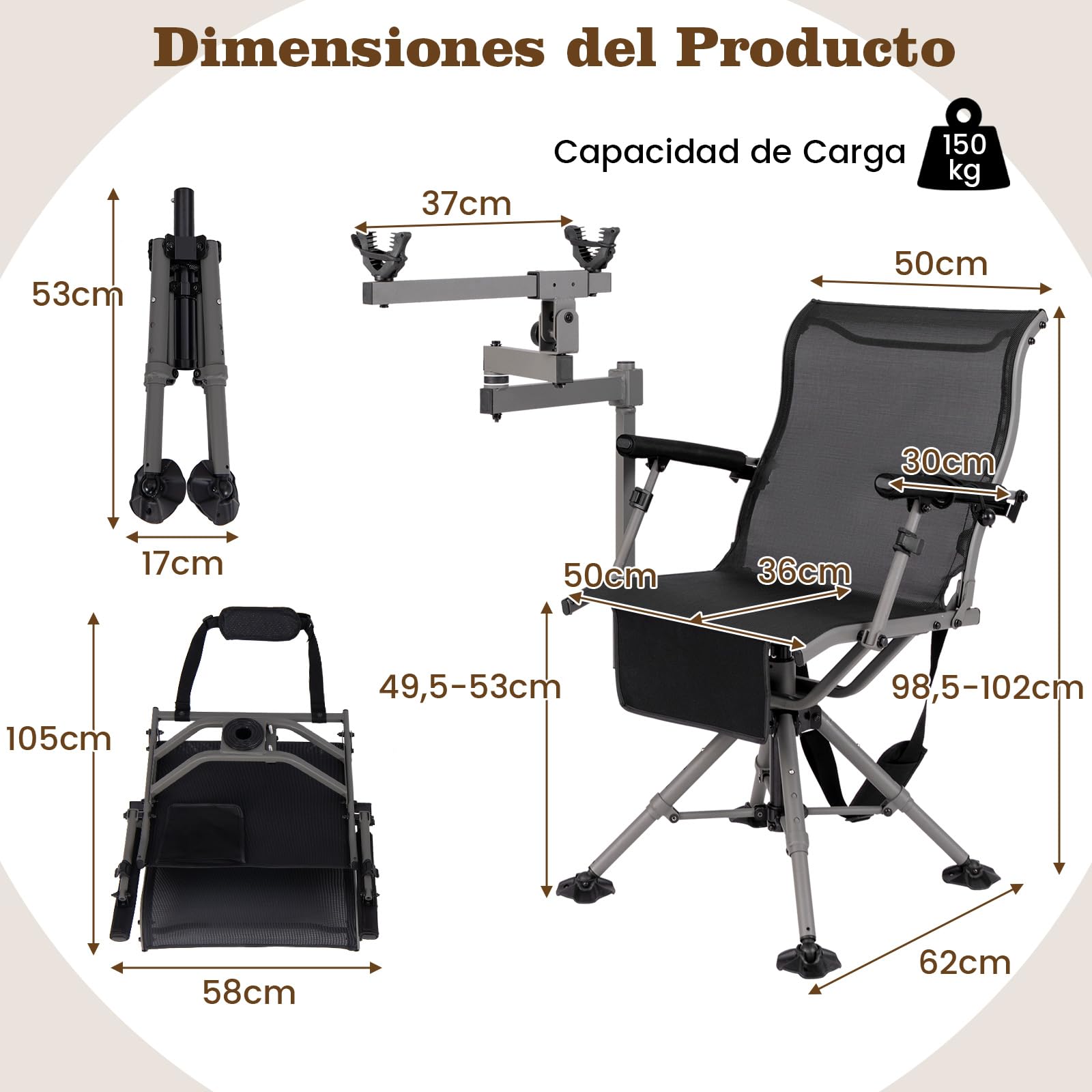 GOPLUS Silla de Caza Giratoria de 360°, Silla Portátil con Soporte de Rifle Ajustable, Reposabrazos y Altura Regulables, Sillas Ergonómica con Respaldo y Tela Transpirable para Caza, Pesca y Camping