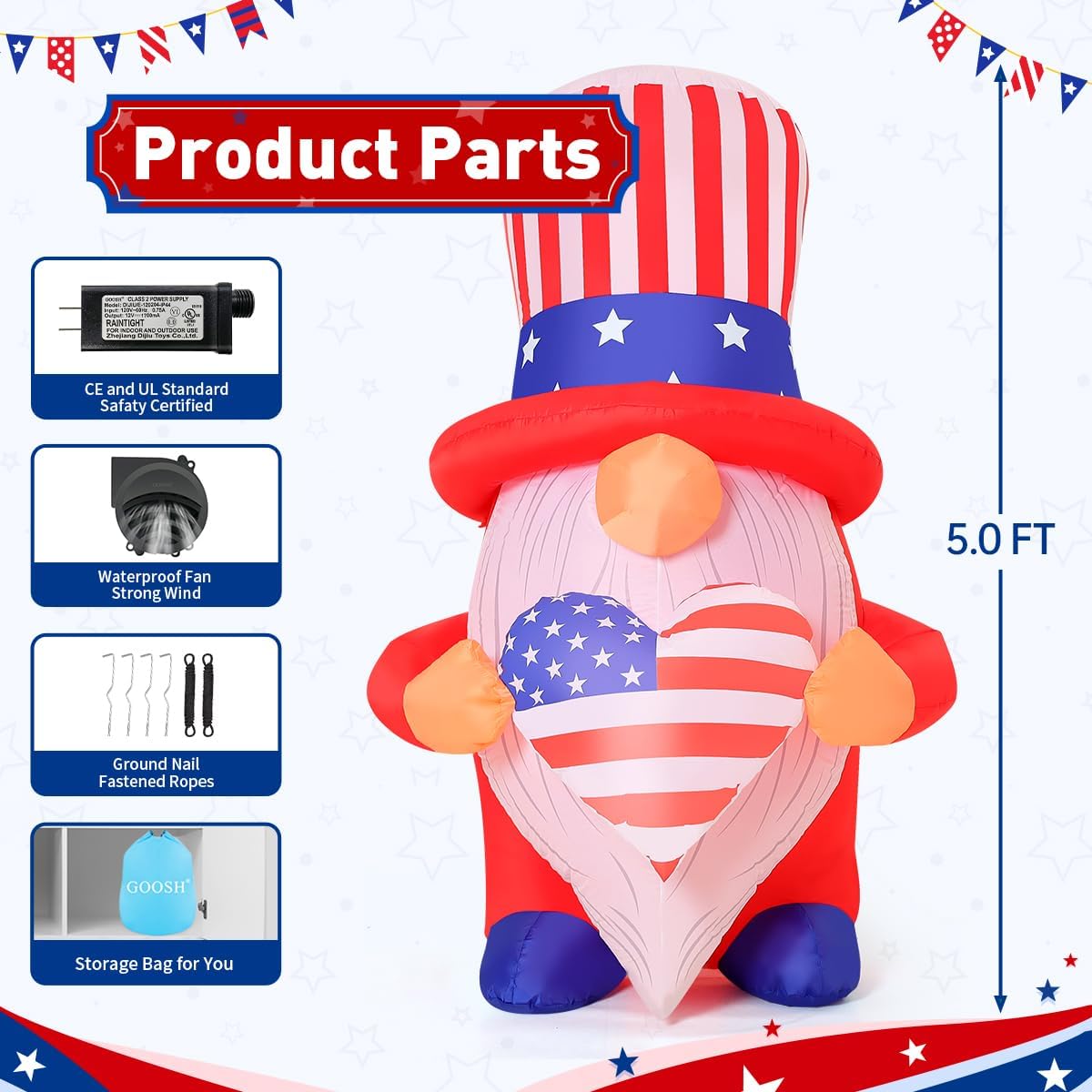 GOOSH 5 FT 4th of July Inflatables Outdoor Decorations, Patriotic Independence Day Blow Up Inflatables Gnome Decor with LED Lights for Holiday Celebration Party Yard Garden Lawn