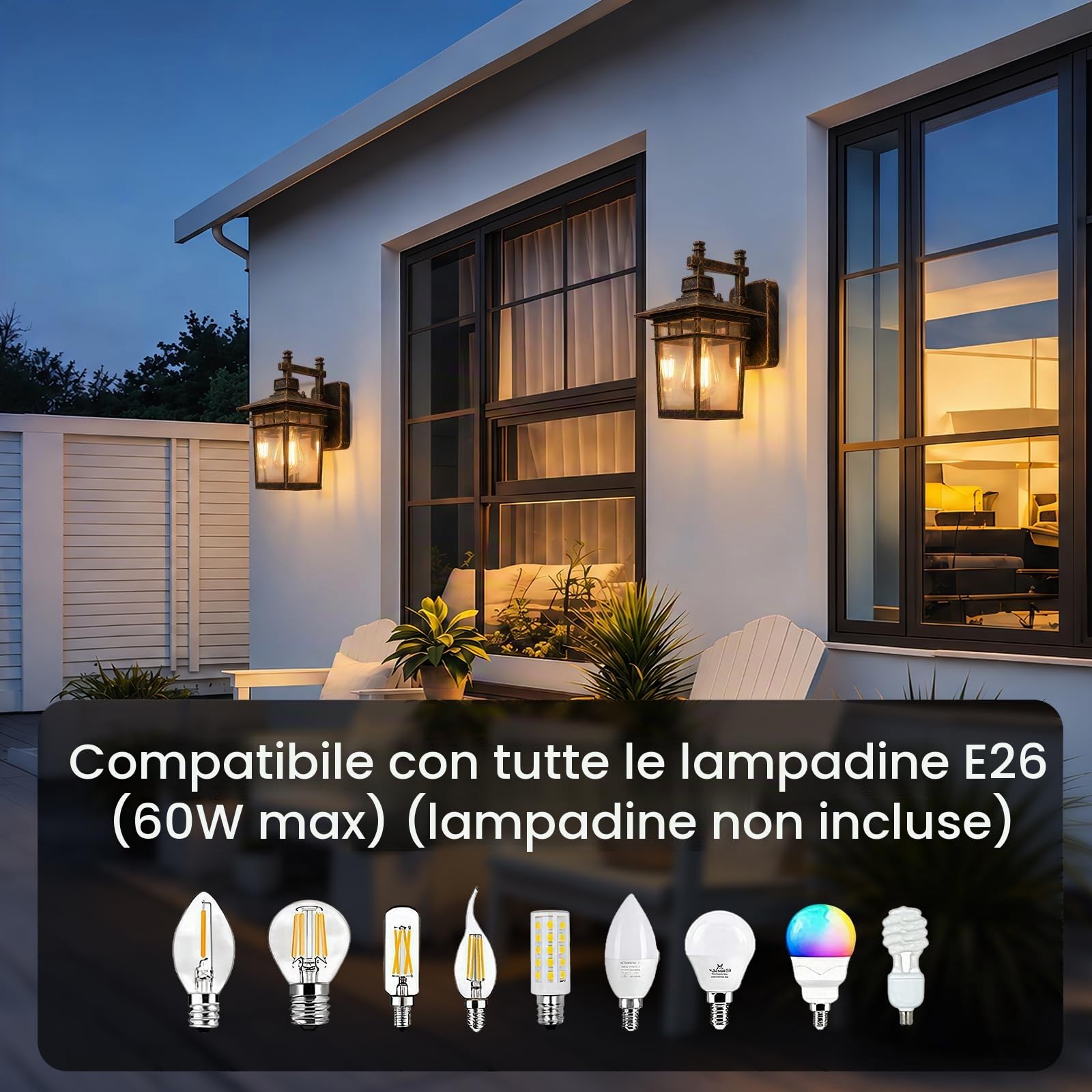 Lampada da parete per esterni, con vetro trasparente, IP44, impermeabile, da parete, vintage, per esterni, balcone, lampada da parete (bronzo, 40 W)