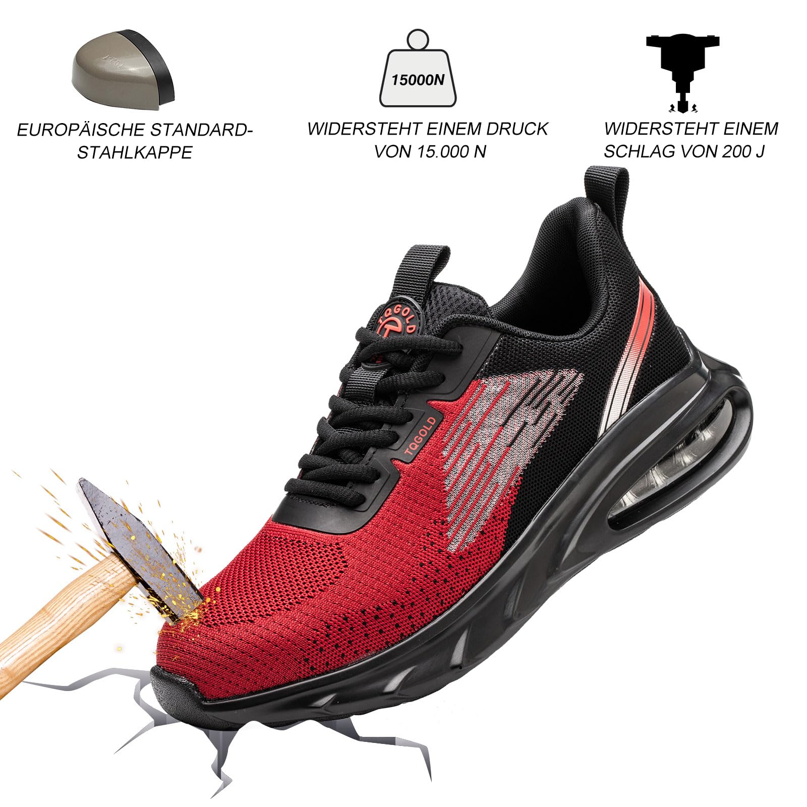 TQGOLD Obuwie ochronne Mężczyźni Kobiety Buty ochronne Amortyzacja Ochrona Stalowy nosek Buty robocze, Czerwona, 45 EU