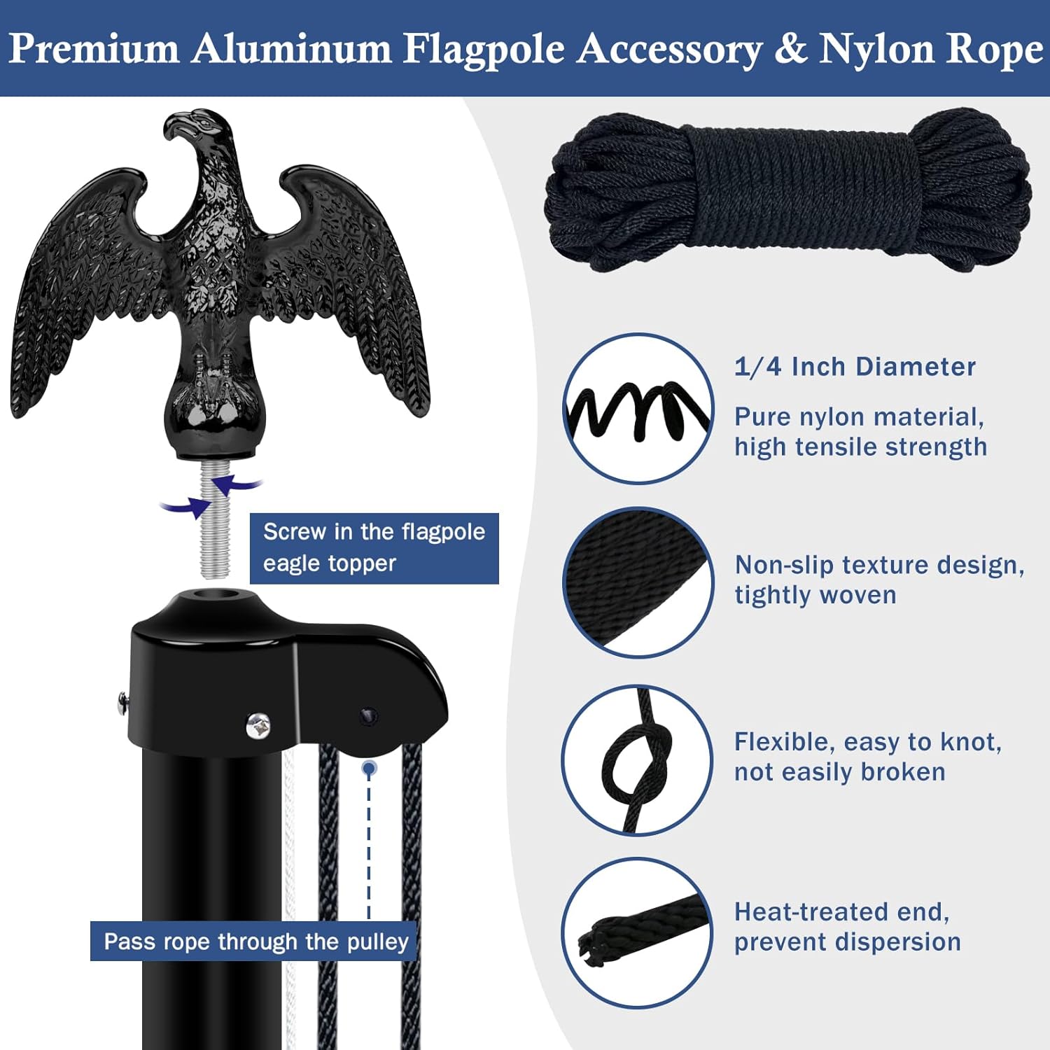 NQ 20FT Flag Pole in Ground for Outside House,14 Gauge Aluminum Flag Pole Kit with Eagle Topper and Flagpole Collar Base, Sectional Flagpole Outdoor with US Flag (Black)