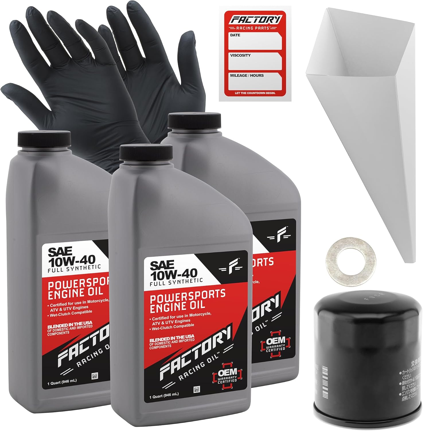 Factory Racing Parts SAE 10W-40 Full Synthetic Oil Change Kit Fits Kawasaki Vulcan 1500cc – Includes 3 Quarts of Oil, 1 Filter, 1 Crush Washer, 1 Funnel