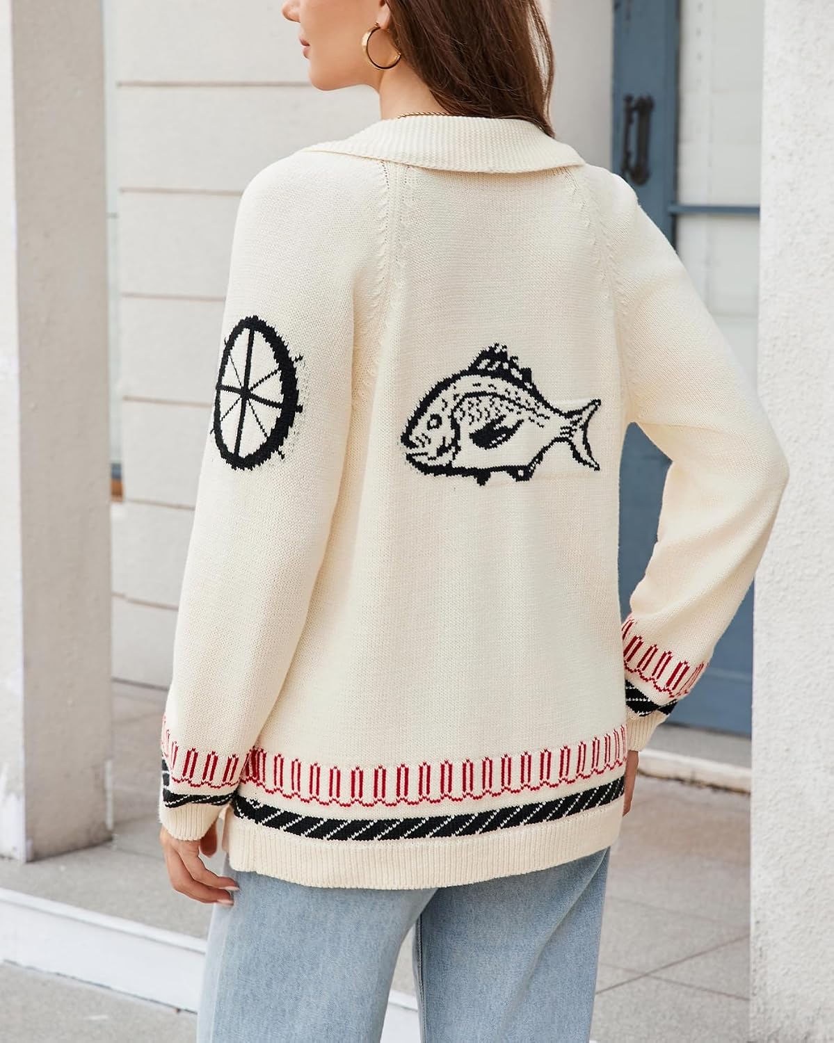 Women's American Flag Cardigan Long Sleeve Shawl Collar Button Down Fall Chunky Knit Varsity Sweater