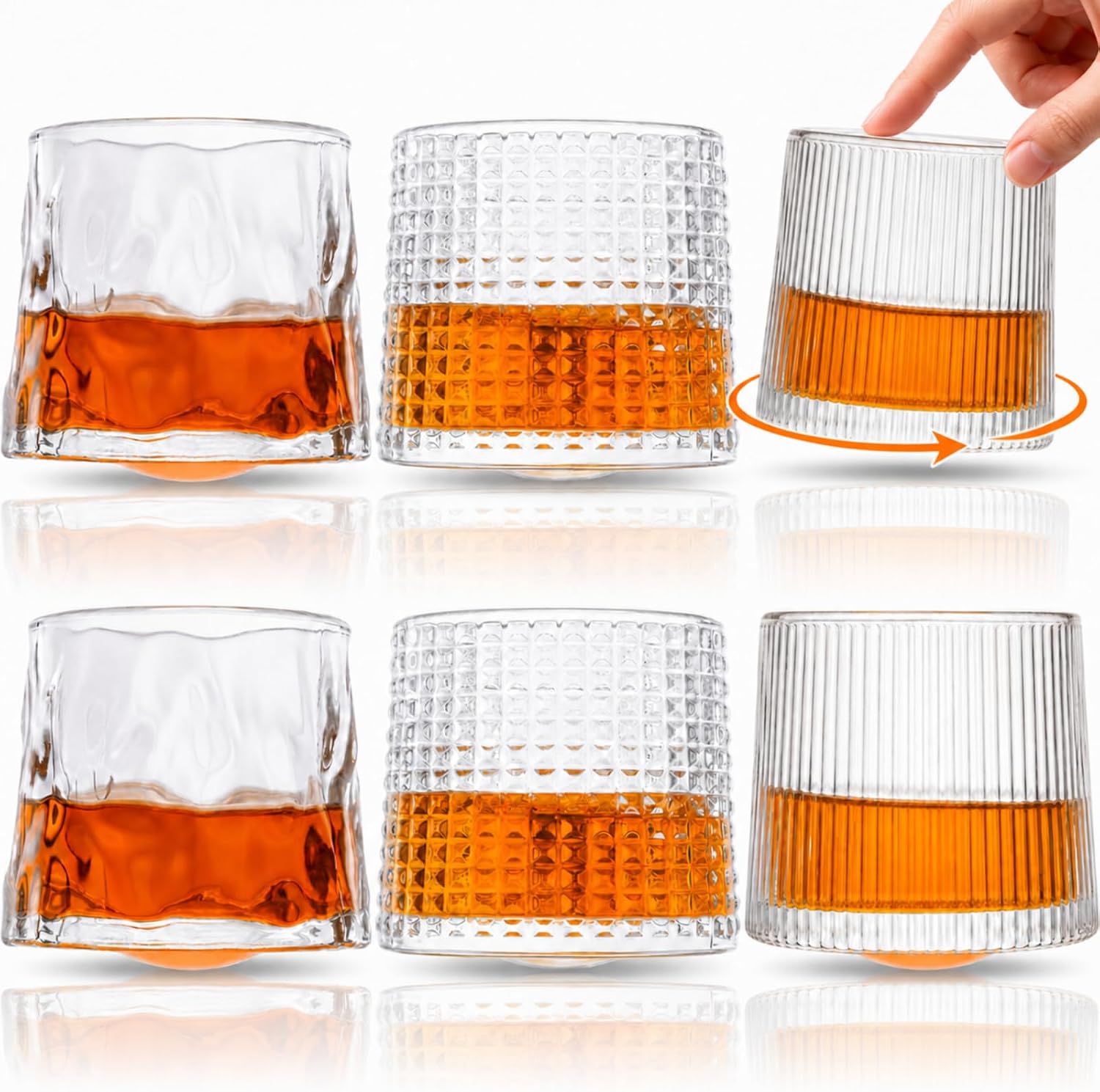 Yungyan 6 Pack 6 oz Spinning Clear Whiskey Glasses, Vintage Rotating Old Fashioned Glasses Decanting for Whiskey, Bourbon