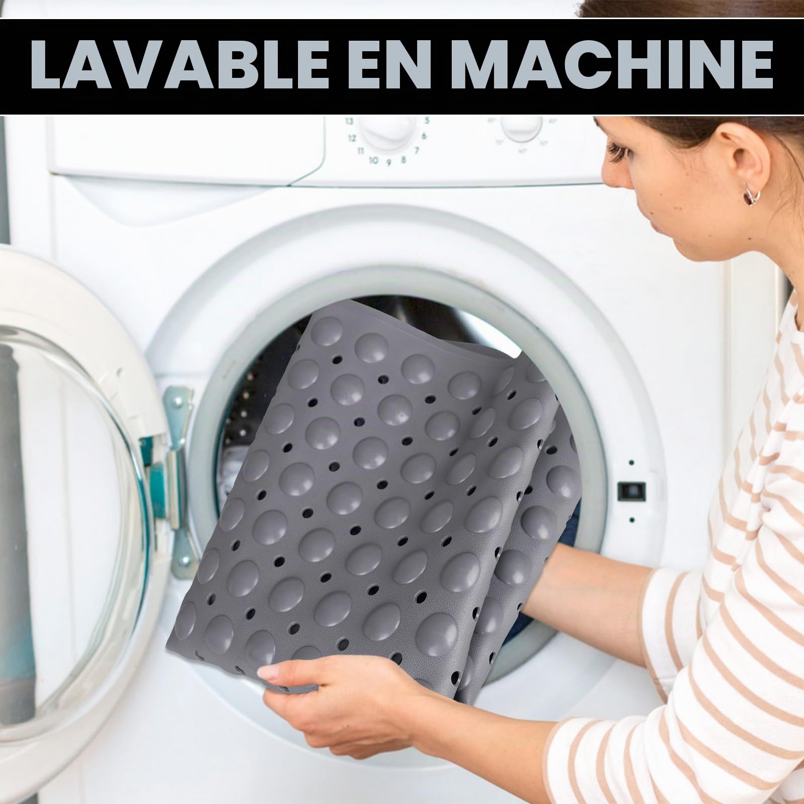 Grand tapis de douche antidérapant 80 x 120 cm : tapis de douche en TPE souple avec trous de drainage et ventouses – Tapis antidérapant de douche lavable en machine antibactérien et résistant