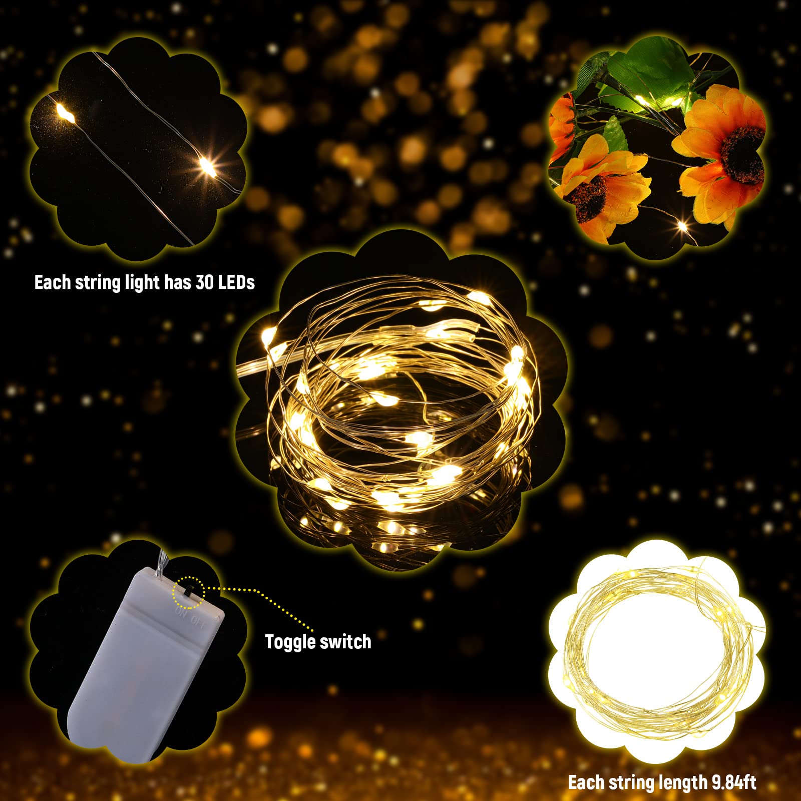 Ghirlanda di girasole artificiale da 10 m con 120 LED con viti finte a forma di girasole in seta, con luci a LED da 12 m, per parete, matrimonio, camera da letto, giardino, feste, confezione da 8