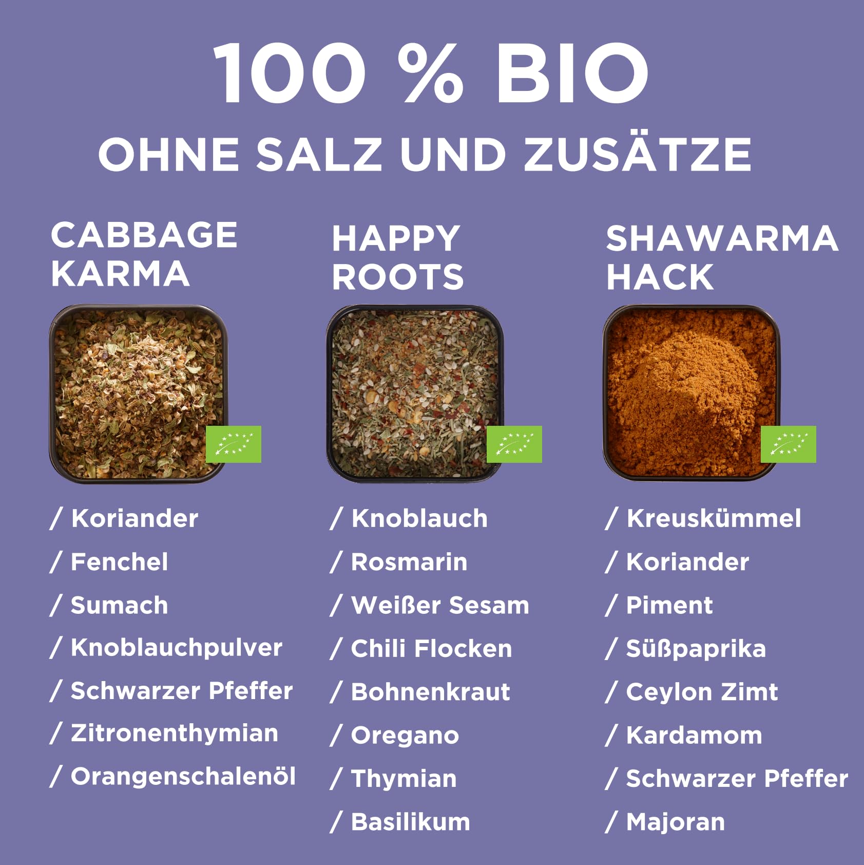 Mill & Mortar Veggie Lover Gewürz Geschenkset, 3 Bio-Mischungen ohne Salz | Cabbage Karma, Happy Roots, Shawarma Hack, mit Rezeptkarten, für Kohl, Wurzelgemüse & Bowls, für Frauen & Männer