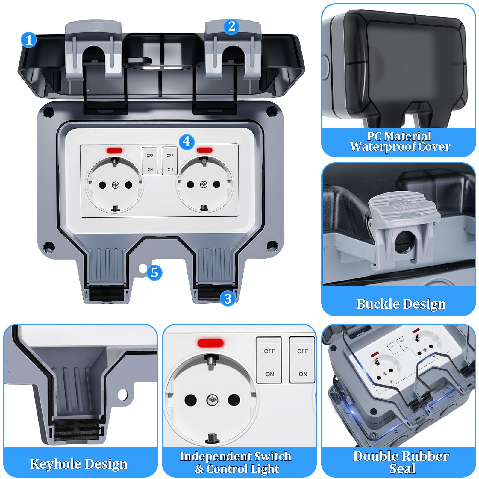 Enchufe Estanco Exterior Impermeable, Toma de Corriente IP66, Doble Pared Enchufes con Interruptor, Conector de Cable y Tapa Abatible, para Cocina Baño Garaje Piscina y Jardín