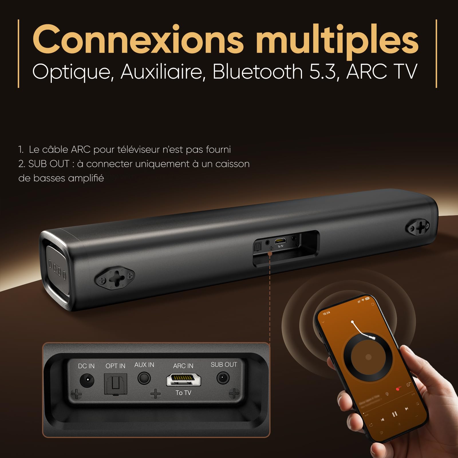 Saiyin Barre de Son TV 17 Pouces 60W Bluetooth 5.3, Enceinte Cinéma Maison | Son surround virtuel, fixation murale, ports HDMI‑ARC/Optique/AUX, convenant pour TV et PC