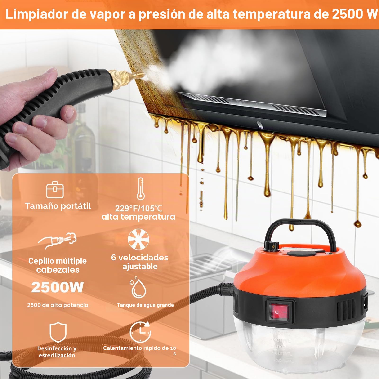 3800W Limpiador a vapor de alta temperatura para detalle de automóviles y limpieza de múltiples superficies, vapor a presión de 105.0 °C, tanque de 1L, 6 ajustes ajustables, vaporizador portátil
