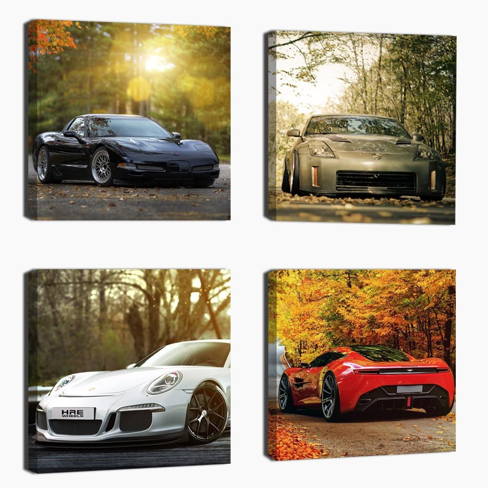 Cairnsi 4 Piece Modern Framed Landscape Artwork Giclee Canvas Prints Pictures Paintings on Canvas Wall Art for Living Room Bedroom Home Office Decorations，Sports car