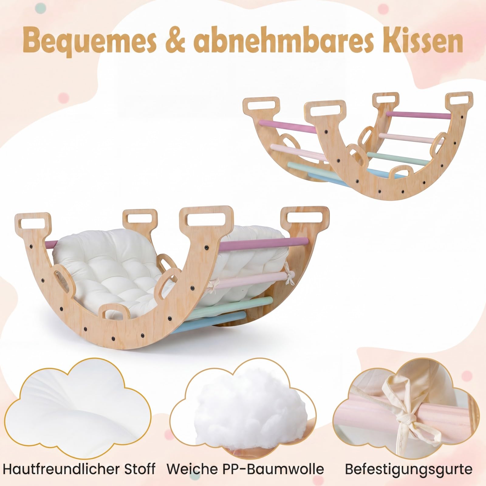 COSTWAY Kletterbogen Holz mit Kissen, Montessori Kletterwippe, Kletterdreieck zum Wippen, Klettern und Krabbeln, Bogenwippe, Regenbogen, Indoor Klettergerüst für Kinder ab 3 Jahre (Macaron)