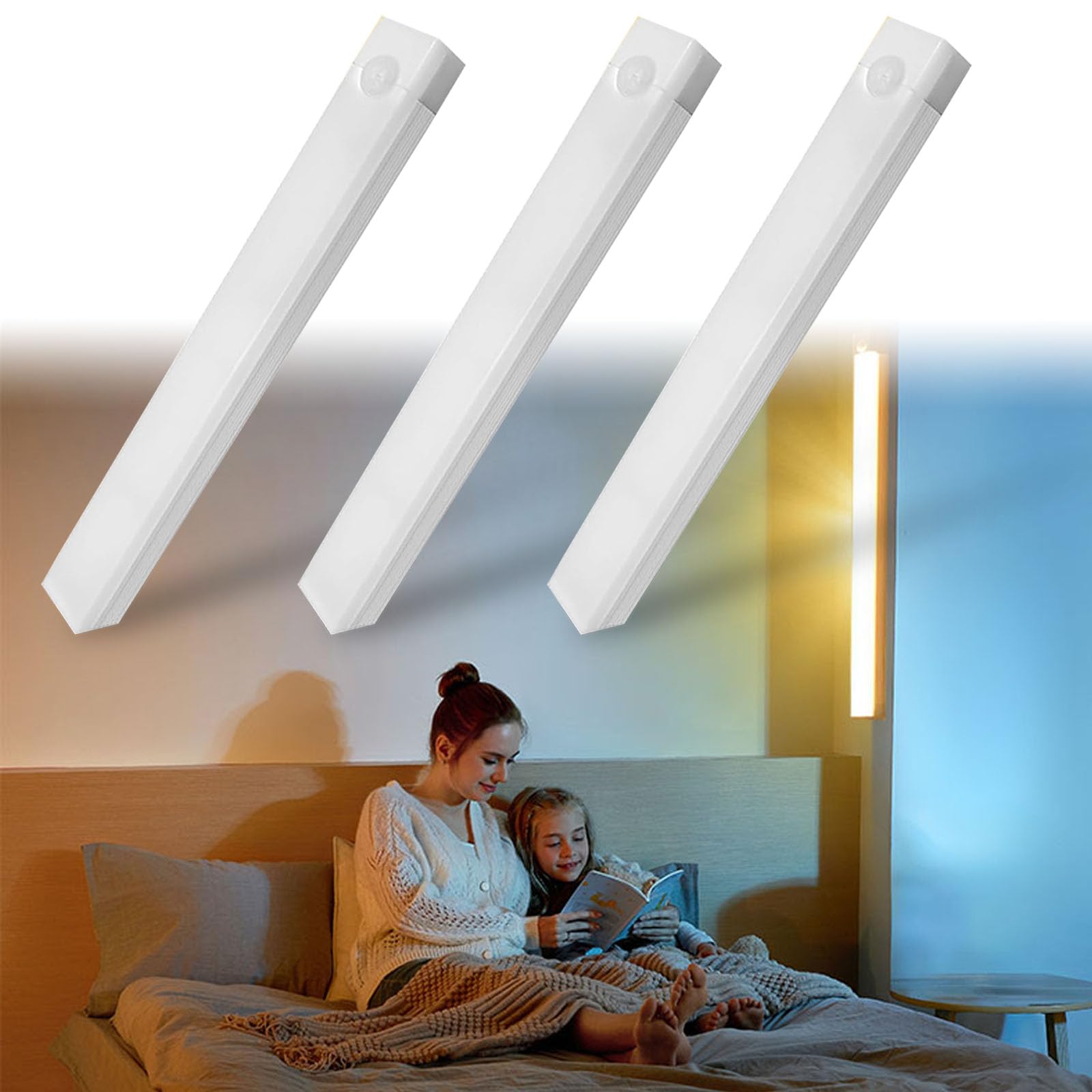 3Pack Punch-Free Smart Sensor Magnetic Rechargeable Led Lights,Rechargeable Motion Activated Cabinet Lights, Motion Sensor Light Indoor (Warm Light, 20CM)