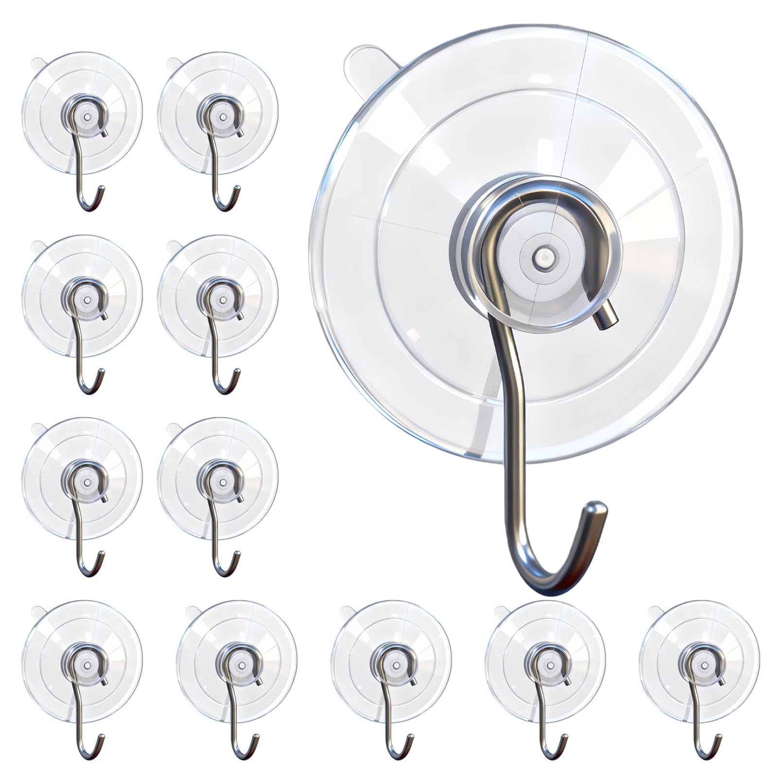 Gartmost Suction Cup Hooks, 12 Pcs Medium (1.77 Inch) Clear Stainless Steel Hooks, 10LB Max Load, Reusable Removable No Trace, Ideal for Shower, Kitchen, Bathroom, Tile, Glass & Smooth Surfaces
