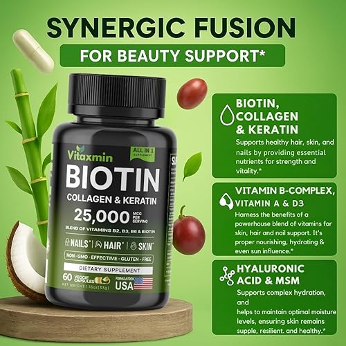 Miniatura 4 de Biotina 25,000 mcg con colágeno, queratina y ácido hialurónico - Vitaminas para el cabello, la piel y las uñas para mujeres y hombres