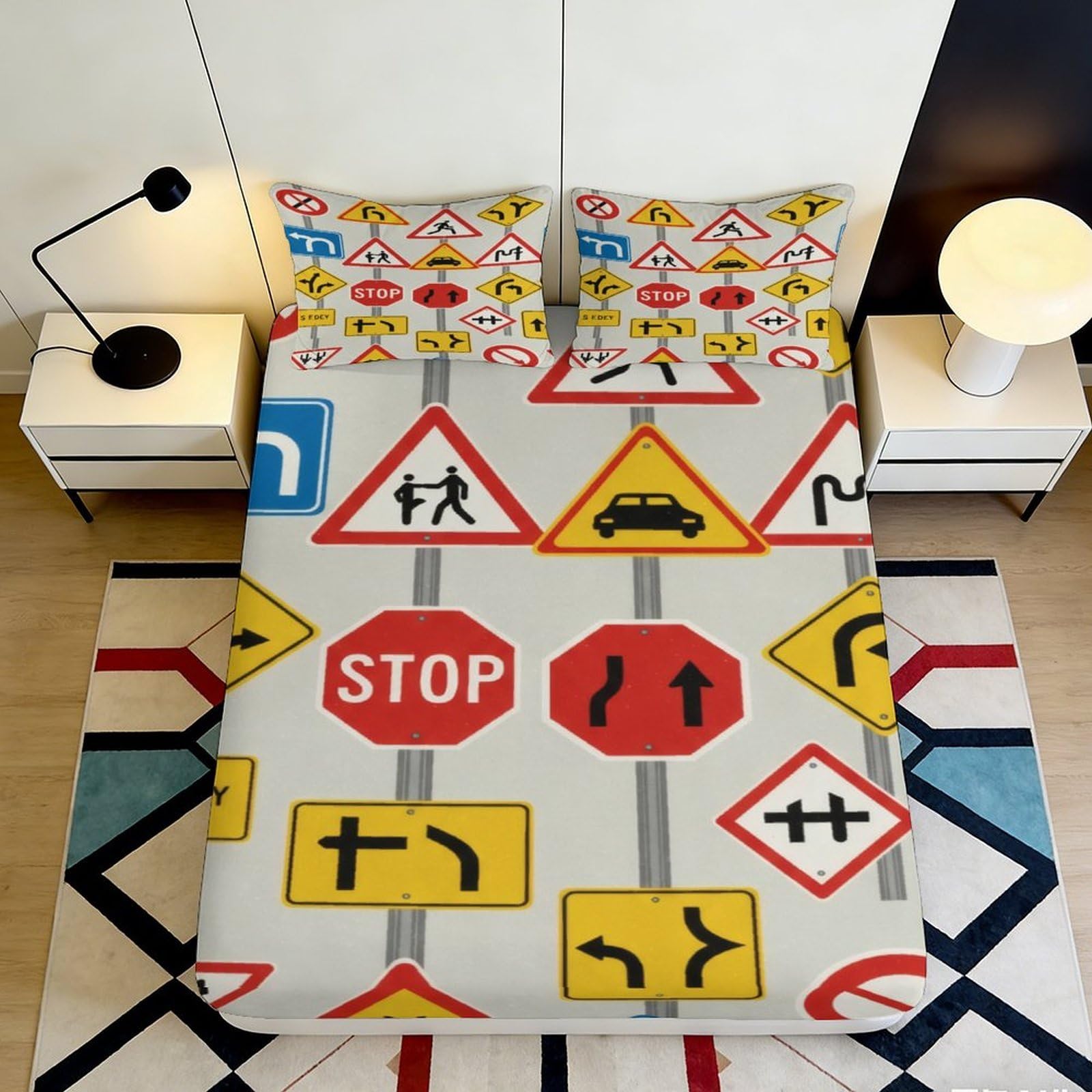 Pnayamiorkfel Style-1 3D Printed Traffic Signs Fitted Sheet Microfiber Soft Breathable Road Symbols Bed Cover For Bedroom Guest Room Decor 90X200x25cm